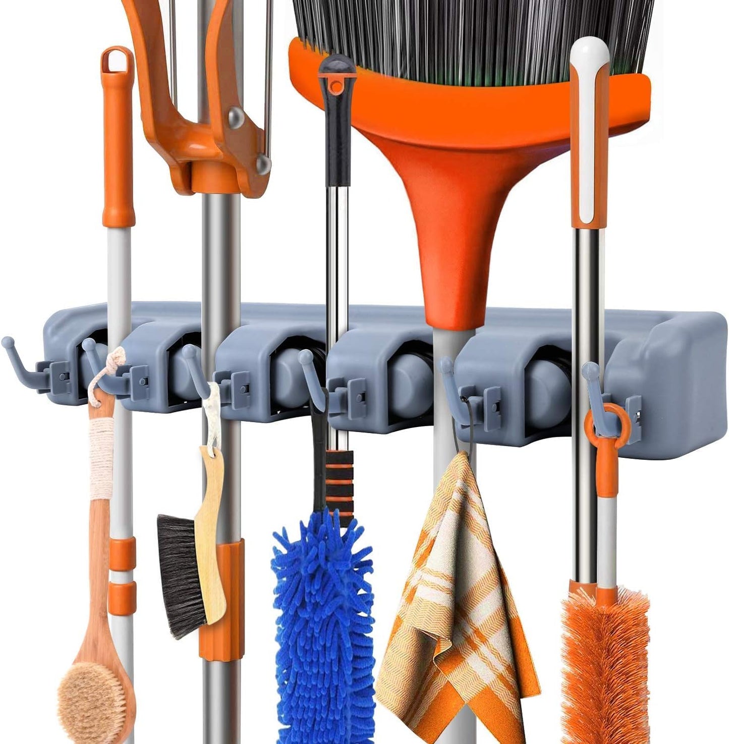 Broom holder wall mounted, jhadu mop and stick holder wall mount hanger stand storage organizer, broomstick, brooms, mops organizers for home, bathroom (5 Slot 6 Hooks)- Gray