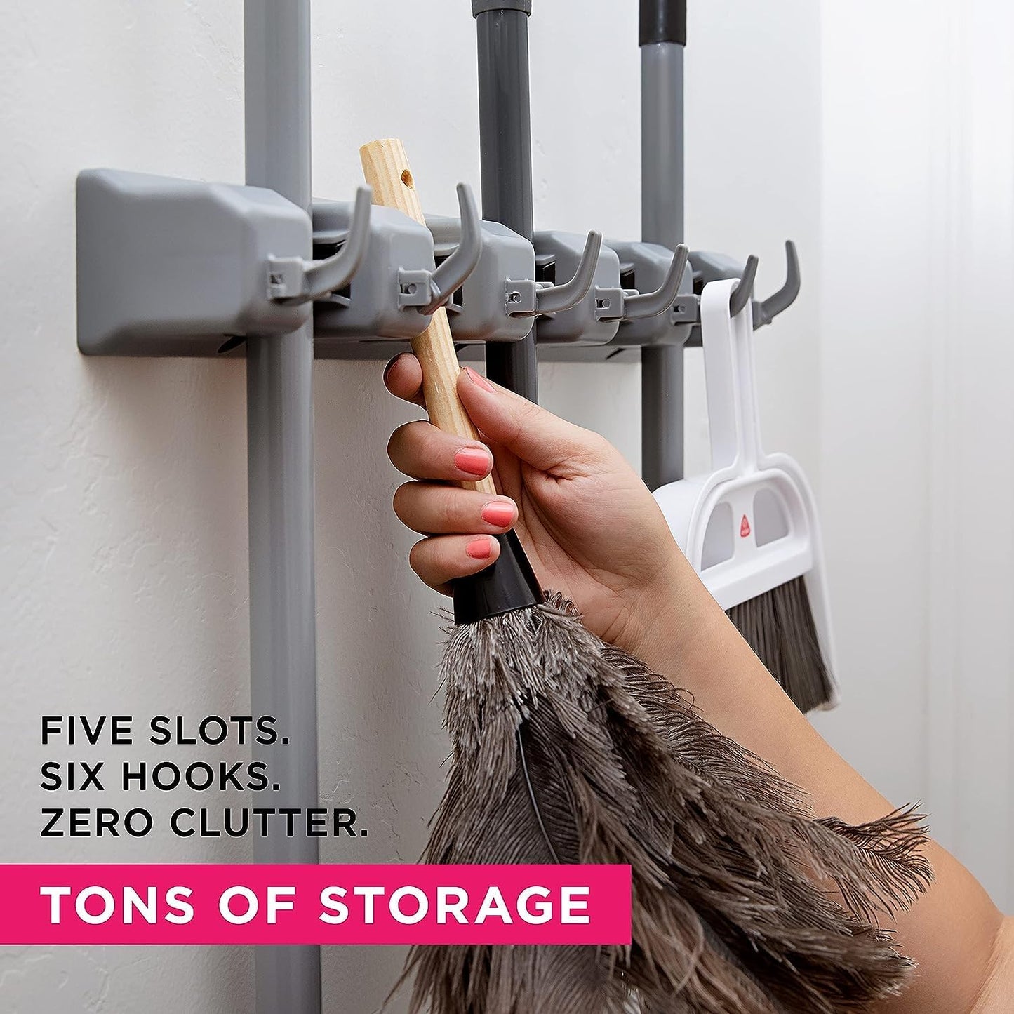 Broom holder wall mounted, jhadu mop and stick holder wall mount hanger stand storage organizer, broomstick, brooms, mops organizers for home, bathroom (5 Slot 6 Hooks)- Gray