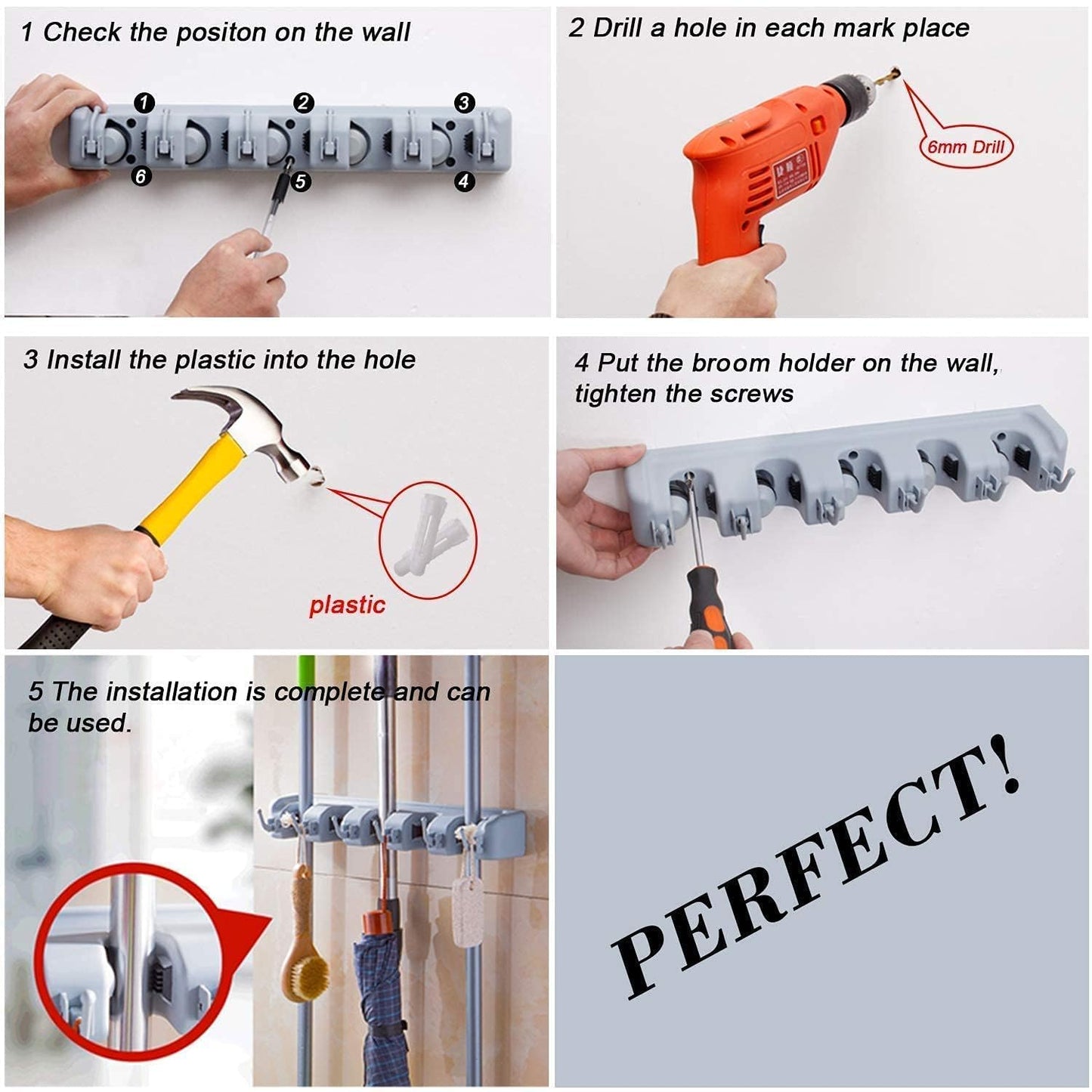 Broom holder wall mounted, jhadu mop and stick holder wall mount hanger stand storage organizer, broomstick, brooms, mops organizers for home, bathroom (5 Slot 6 Hooks)- Gray