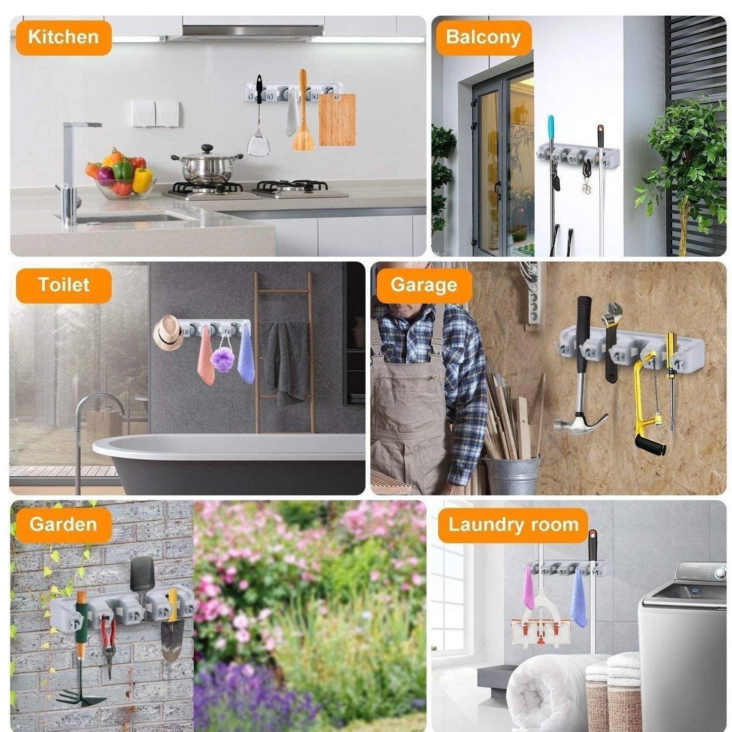 Broom holder wall mounted, jhadu mop and stick holder wall mount hanger stand storage organizer, broomstick, brooms, mops organizers for home, bathroom (5 Slot 6 Hooks)- Gray