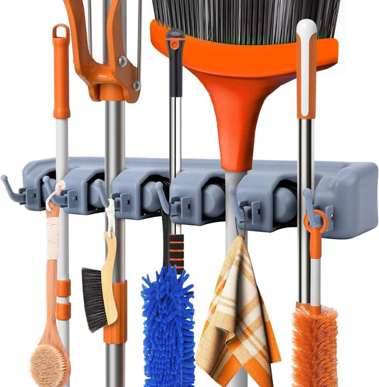 Broom holder wall mounted, jhadu mop and stick holder wall mount hanger stand storage organizer, broomstick, brooms, mops organizers for home, bathroom (5 Slot 6 Hooks)- Gray